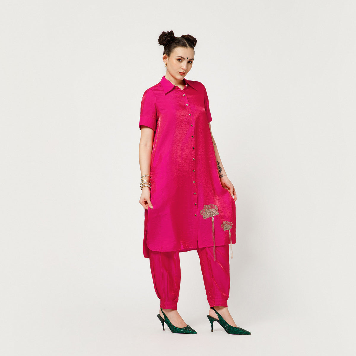 Pink Satin Tunic With Embroidery