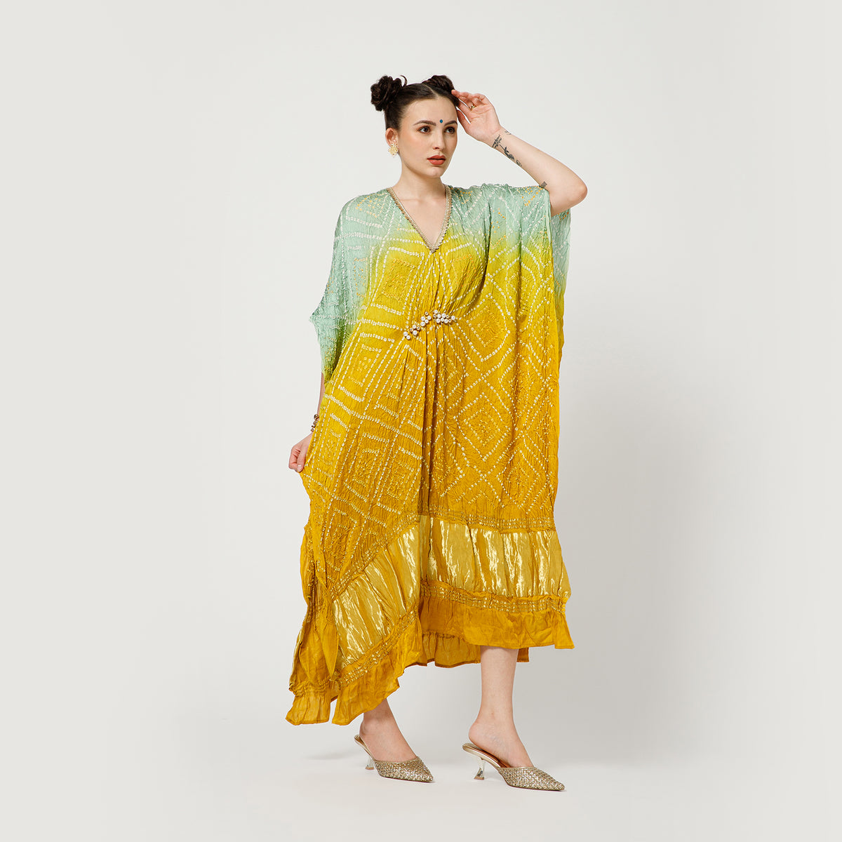 Yellow Bandhani Kaftan With Inner