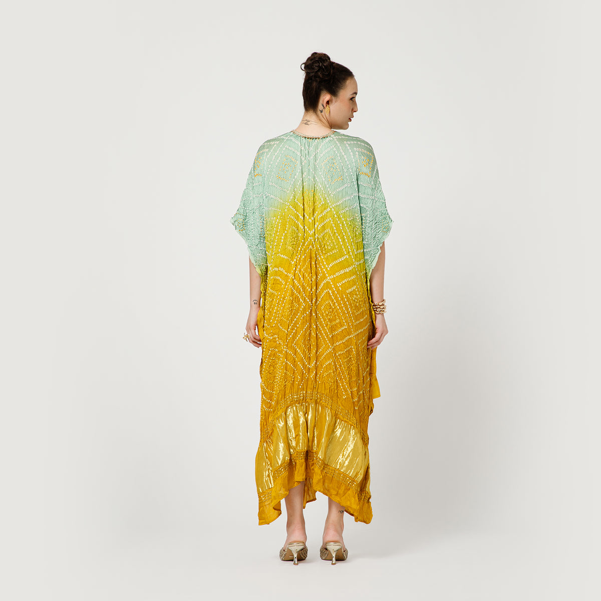 Yellow Bandhani Kaftan With Inner
