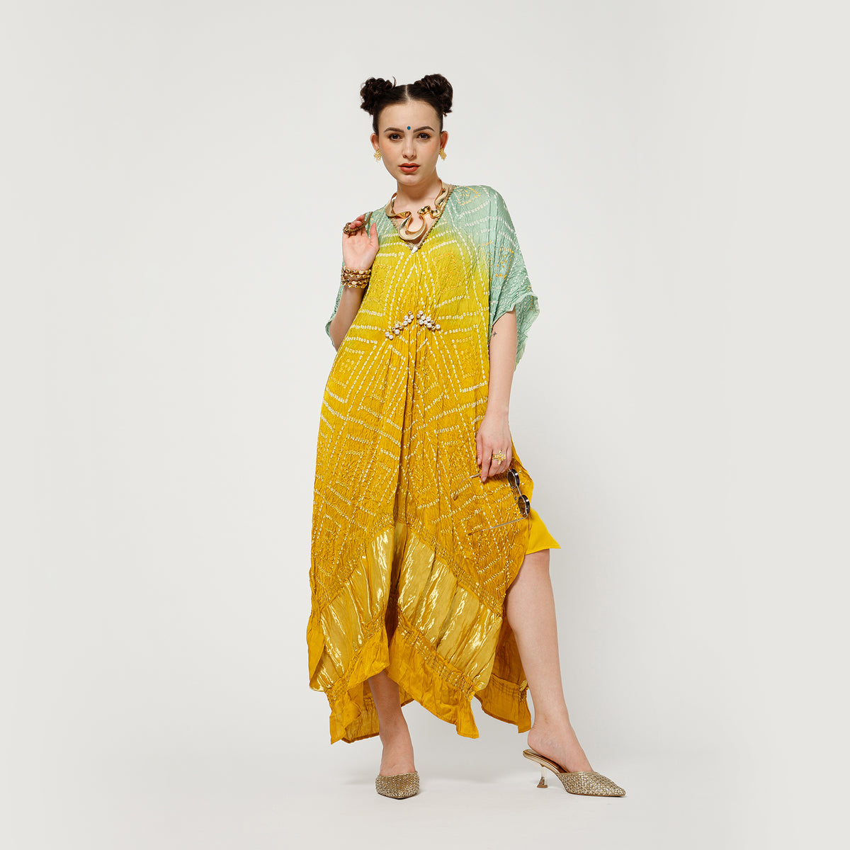 Yellow Bandhani Kaftan With Inner