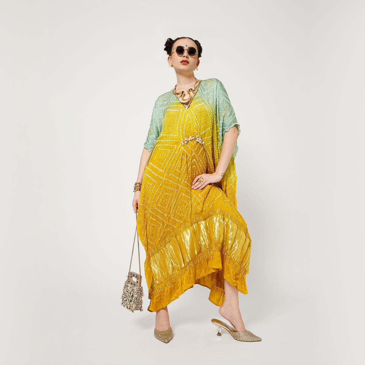 Yellow Bandhani Kaftan With Inner