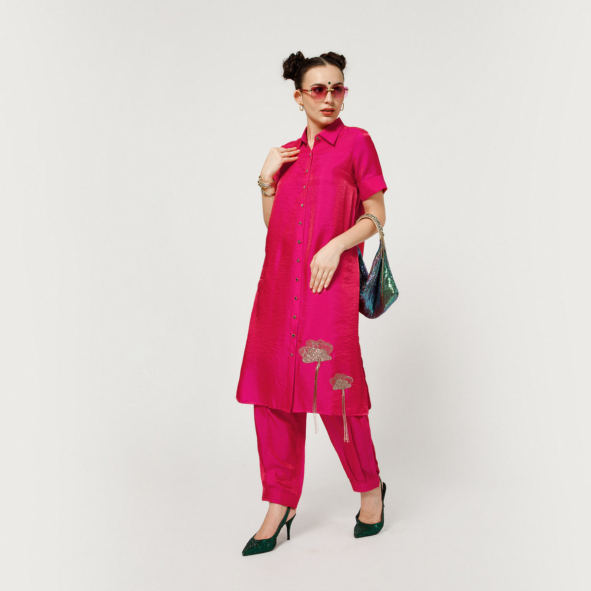Pink Satin Pleated Plazzo