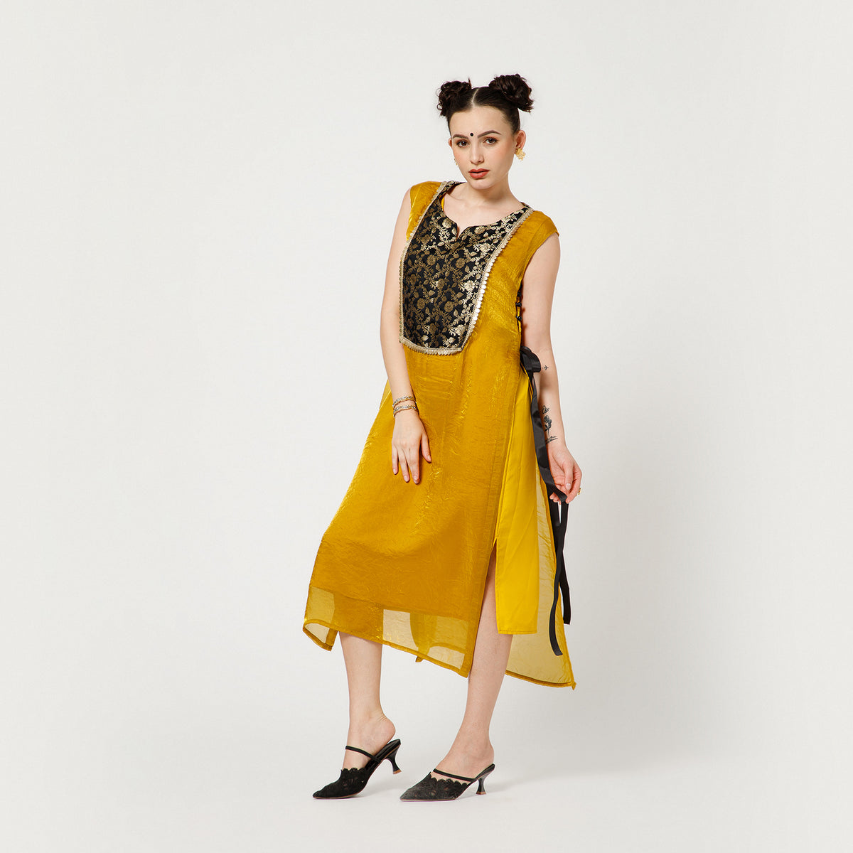 Olive Organza With Black Brocade Shrug With Matching Inner