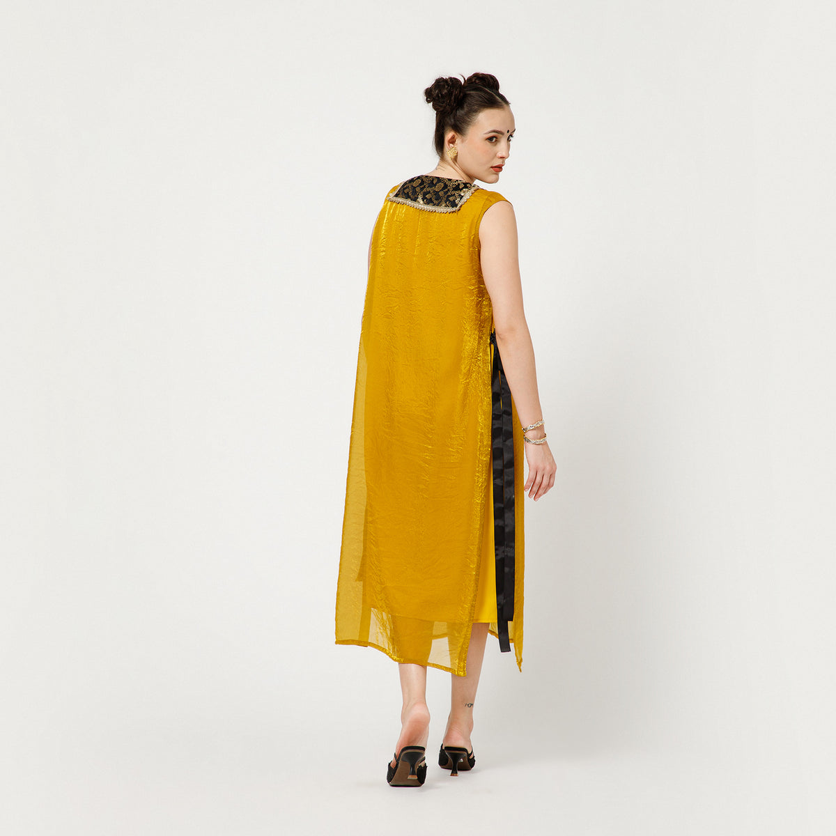 Olive Organza With Black Brocade Shrug With Matching Inner