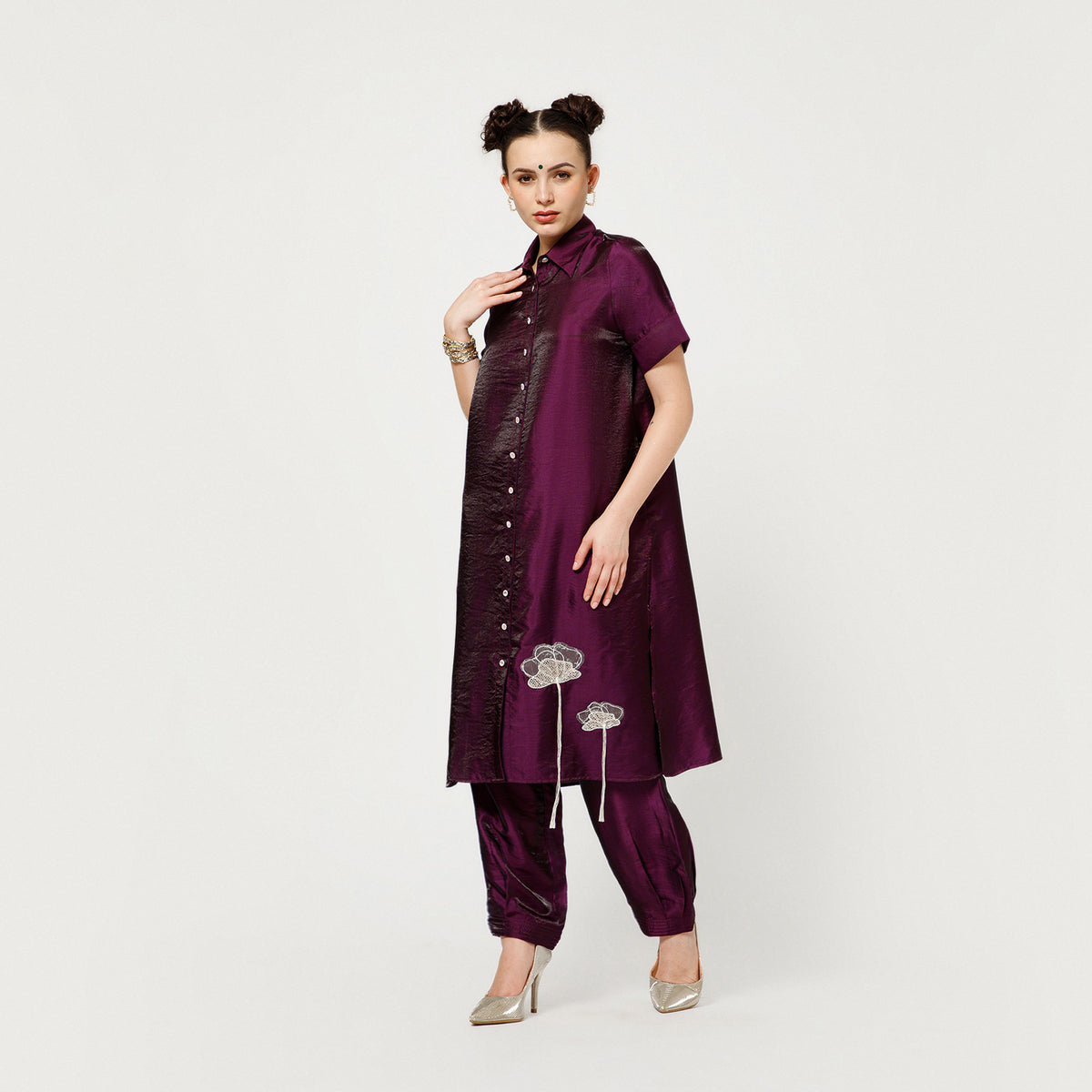 Purple Satin Tunic With Embroidery
