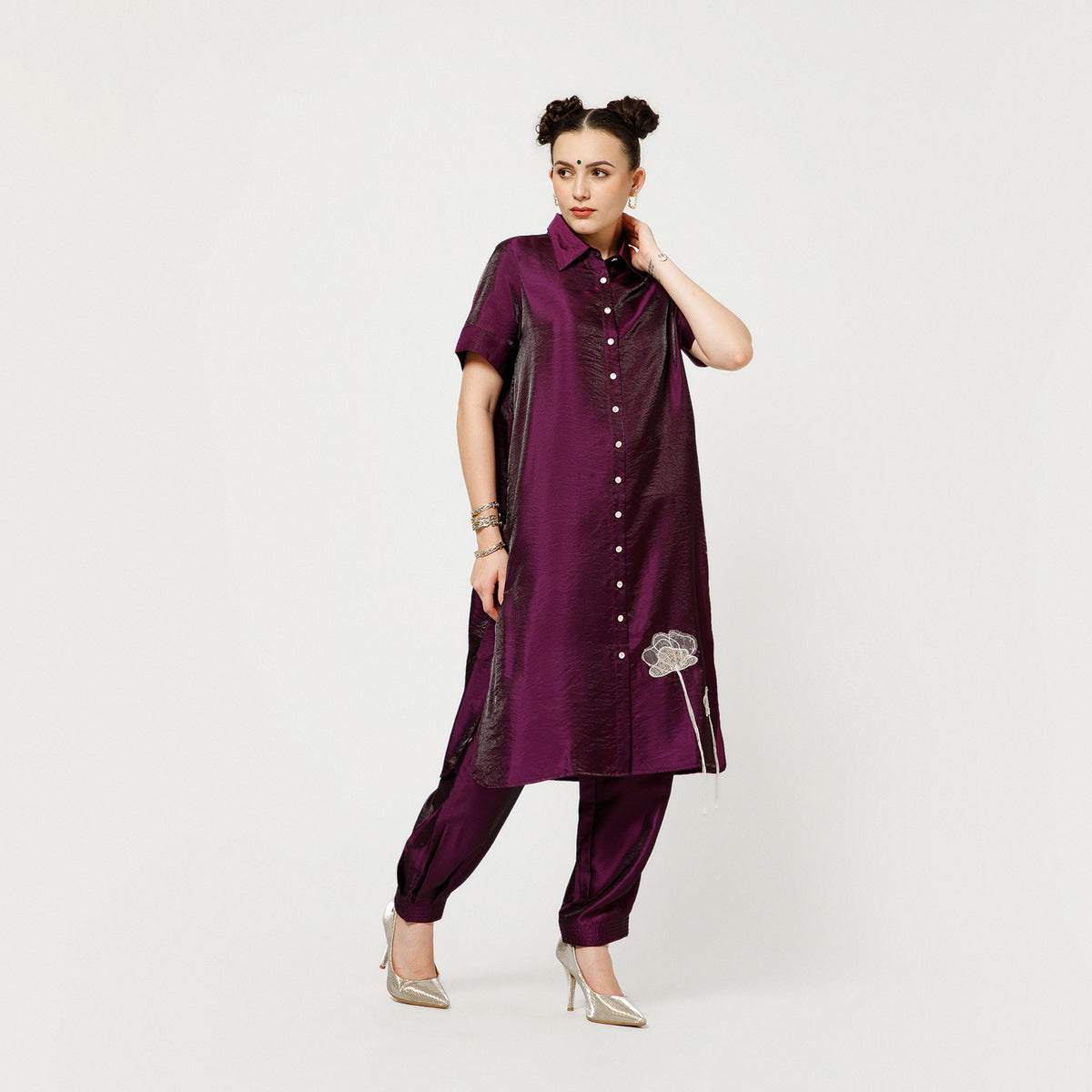 Purple Satin Tunic With Embroidery