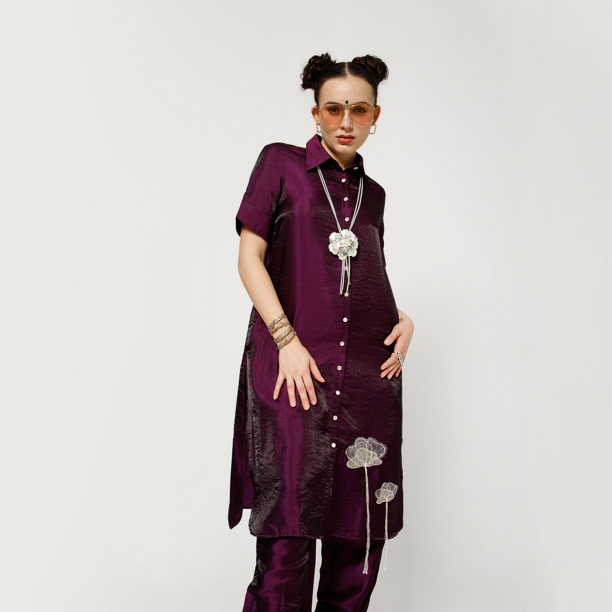 Purple Satin Pleated Plazzo
