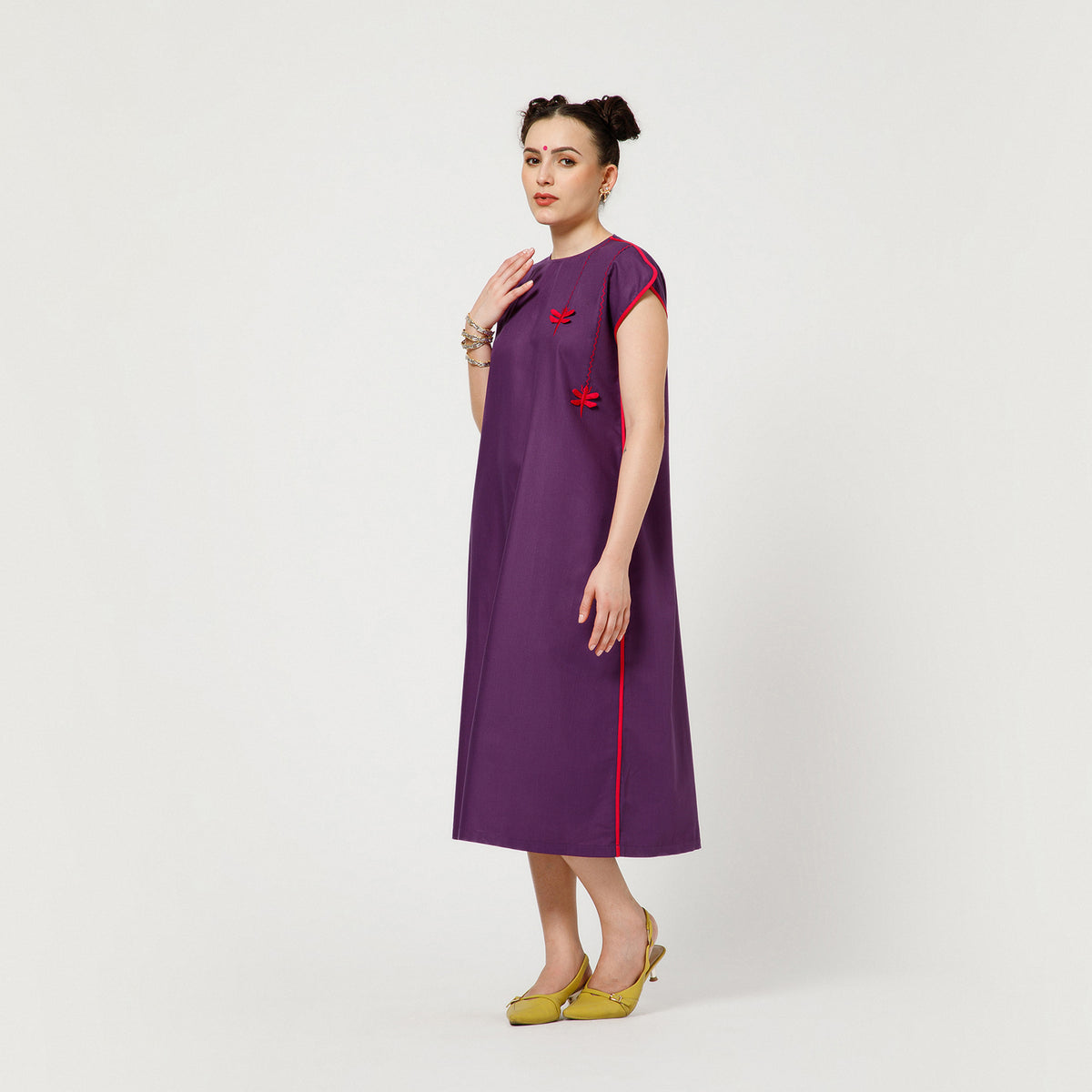 Purple Dragonfly Embroidery Cotton Dress