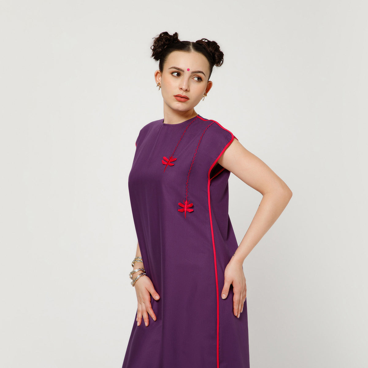 Purple Dragonfly Embroidery Cotton Dress