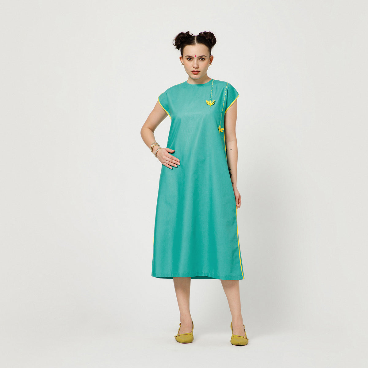 Turquoise Dragonfly Embroidery Cotton Dress