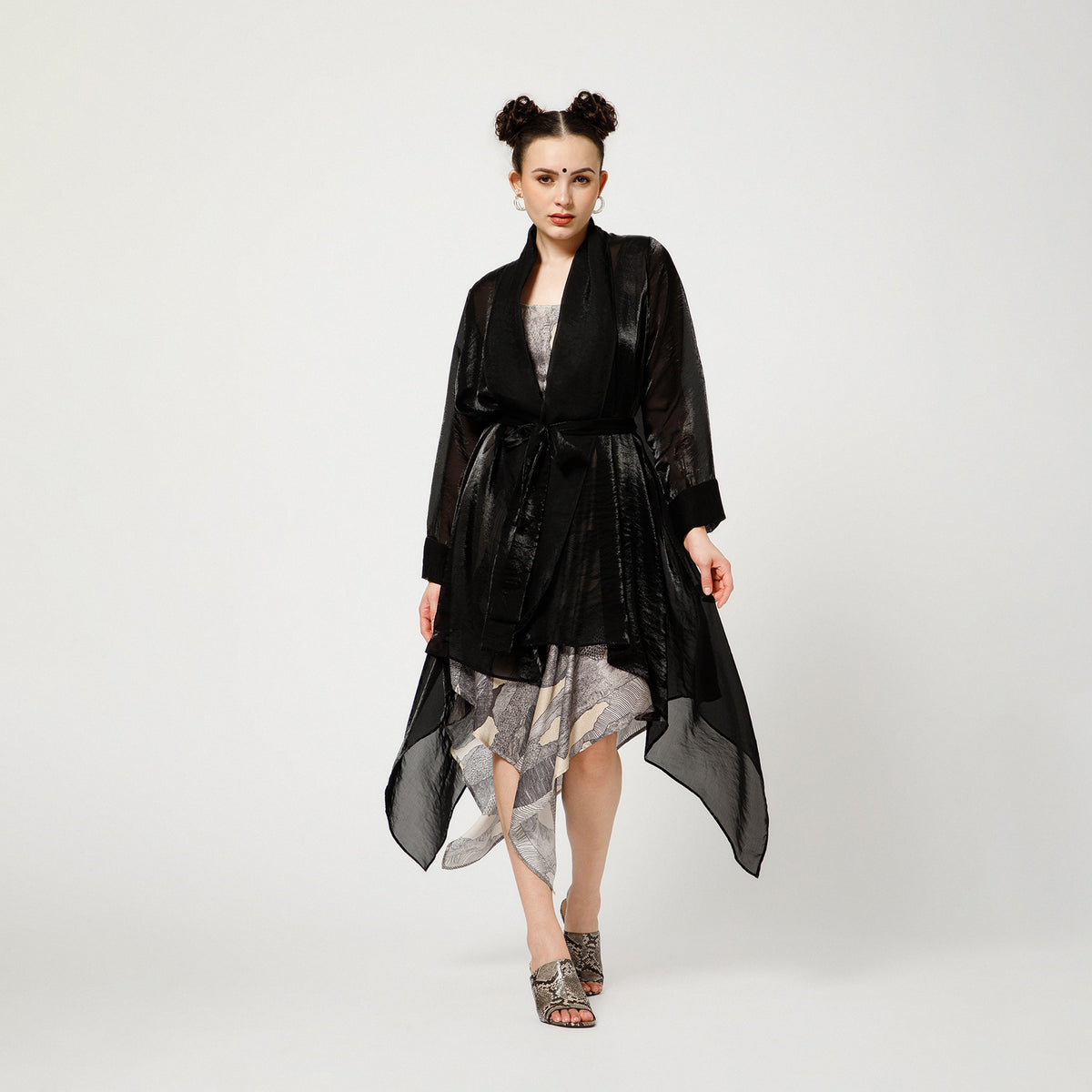 Black Organza Draped Long Shrug