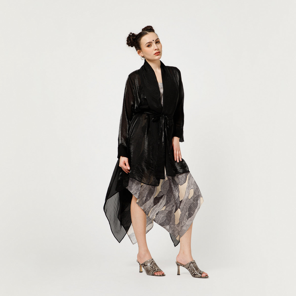 Black Organza Draped Long Shrug