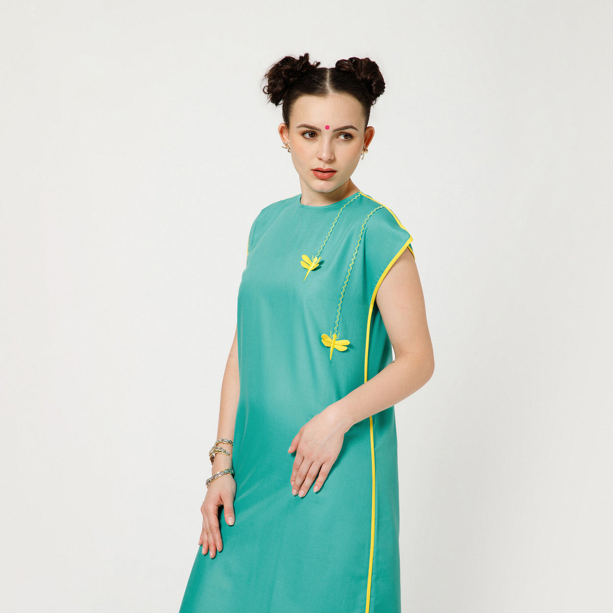 Turquoise Dragonfly Embroidery Cotton Dress