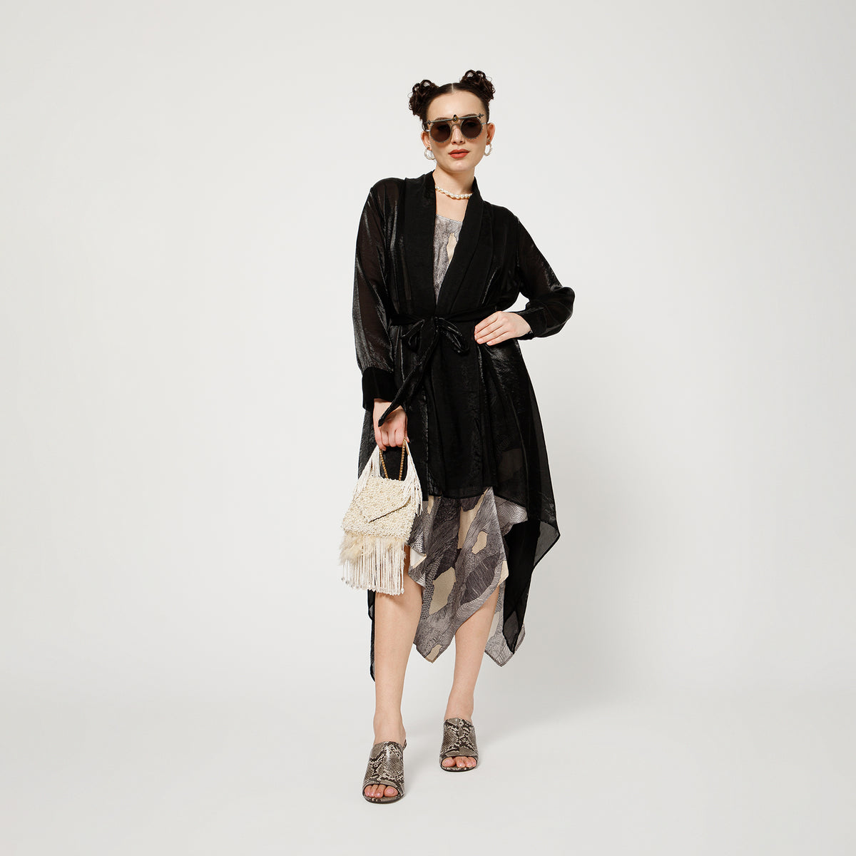 Black Organza Draped Long Shrug