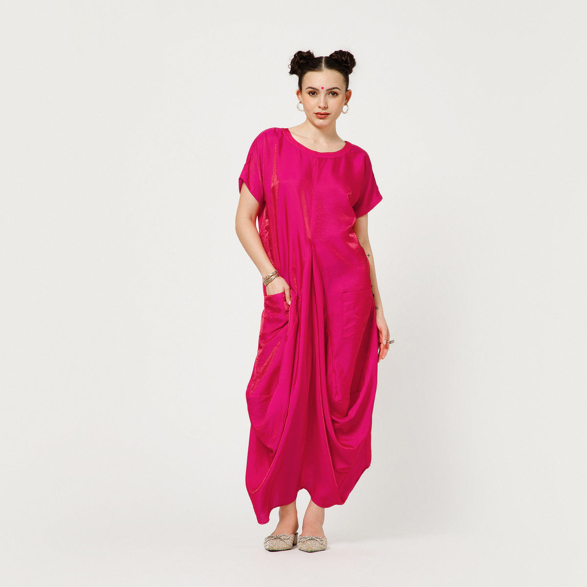 Pink Satin Darped Dress With Back Dori