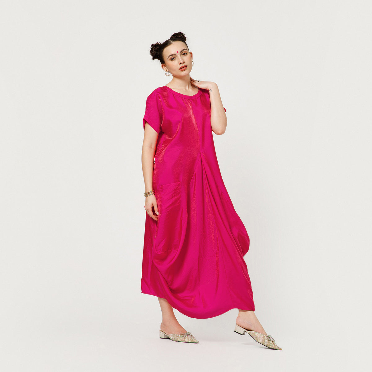 Pink Satin Darped Dress With Back Dori