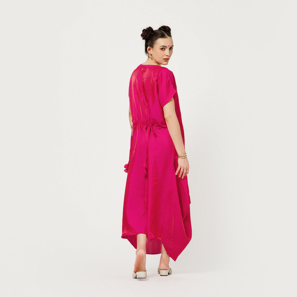 Pink Satin Darped Dress With Back Dori