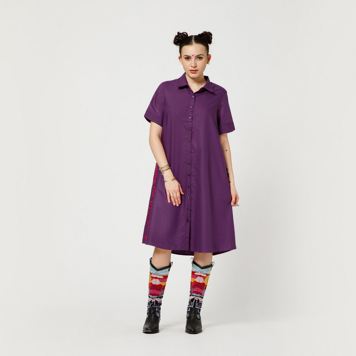 Purple Cotton A Line Quotation Dress