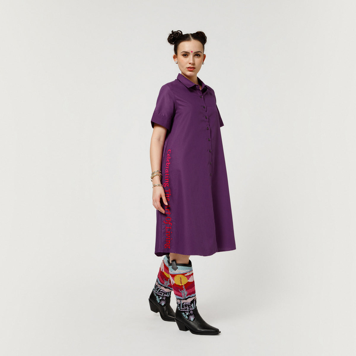 Purple Cotton A Line Quotation Dress
