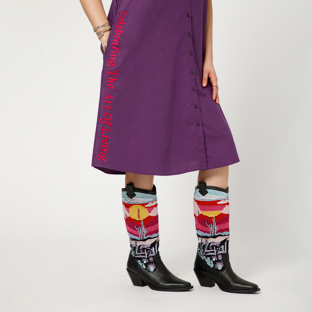 Purple Cotton A Line Quotation Dress