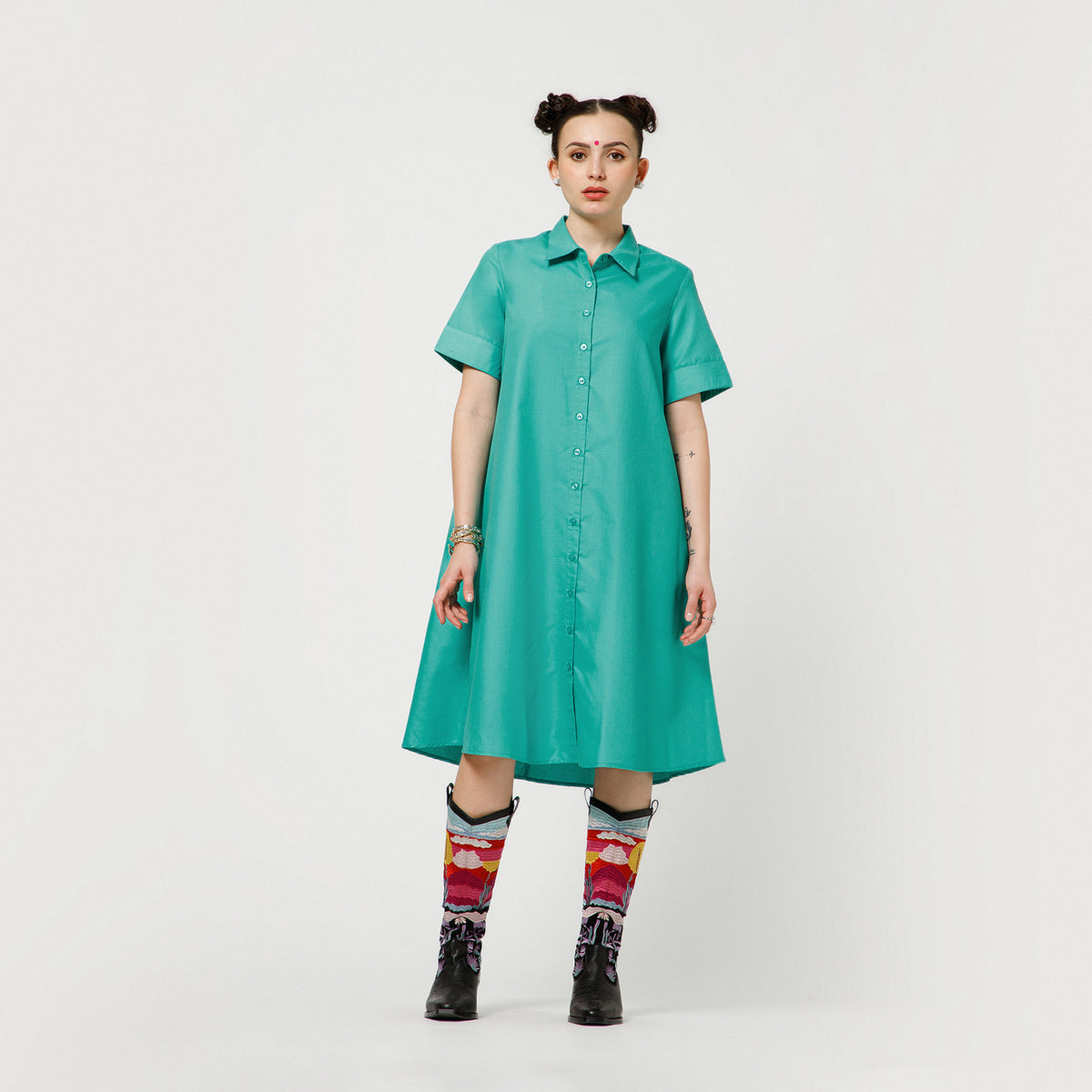 Turquoise Cotton A Line Quotation Dress
