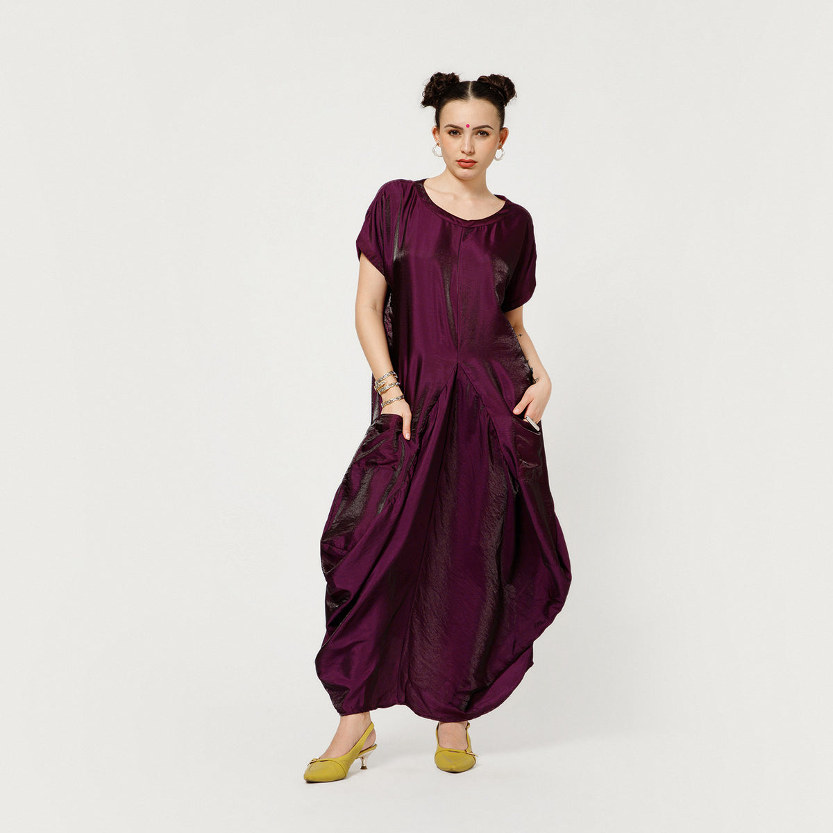 Purple Satin Darped Dress With Back Dori