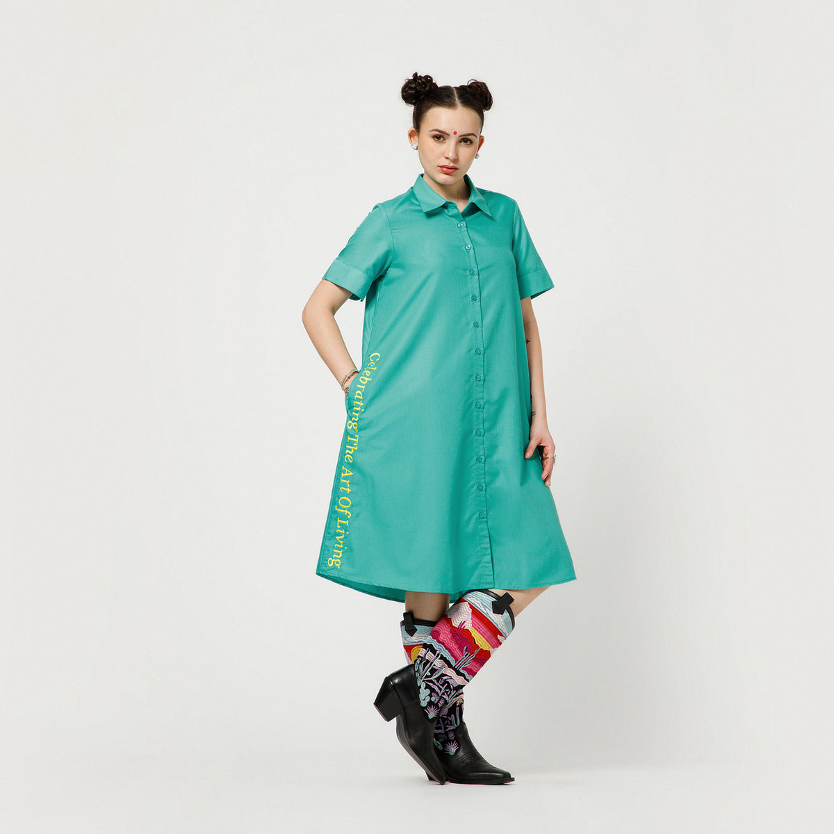 Turquoise Cotton A Line Quotation Dress