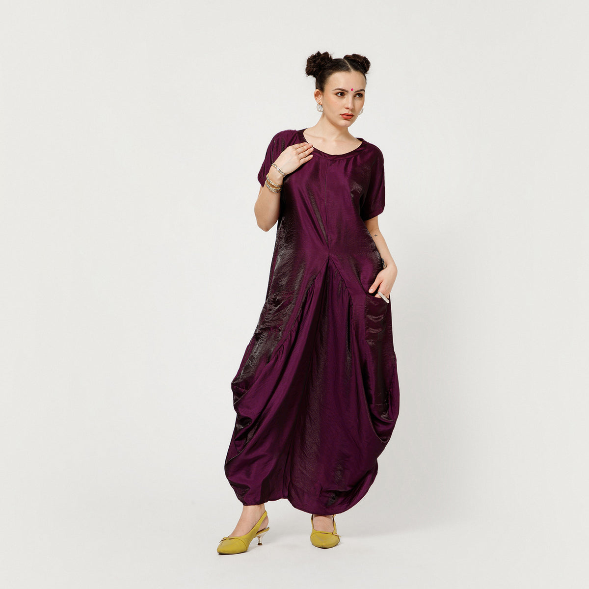 Purple Satin Darped Dress With Back Dori
