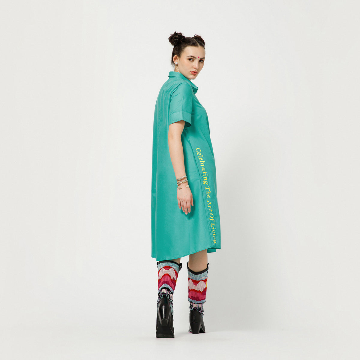 Turquoise Cotton A Line Quotation Dress