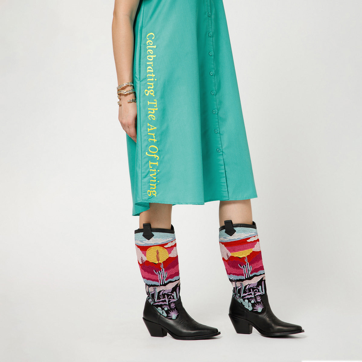 Turquoise Cotton A Line Quotation Dress