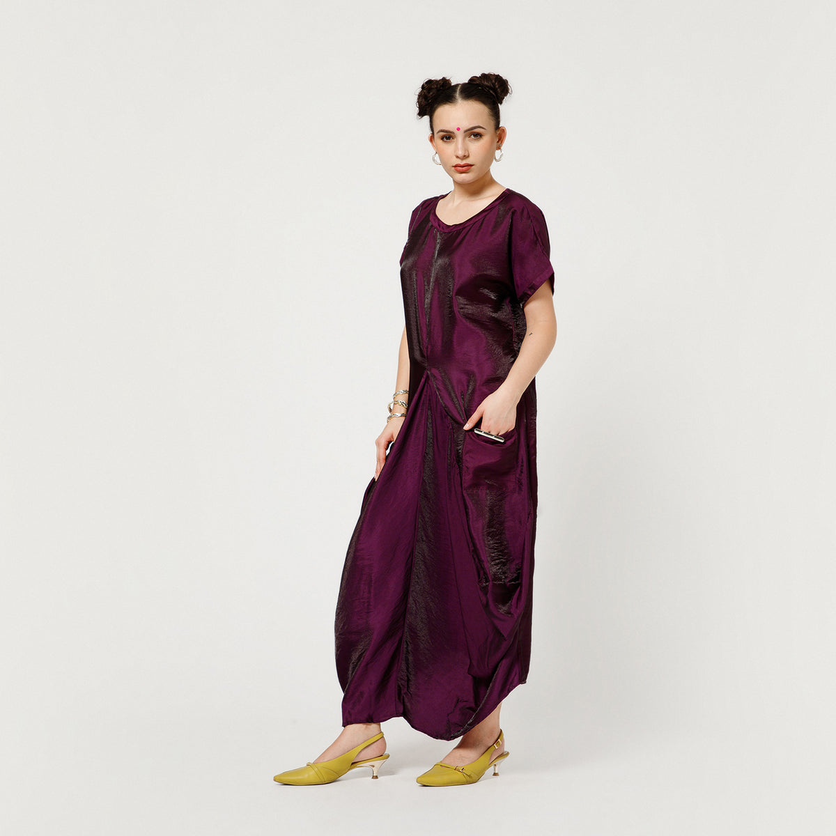 Purple Satin Darped Dress With Back Dori