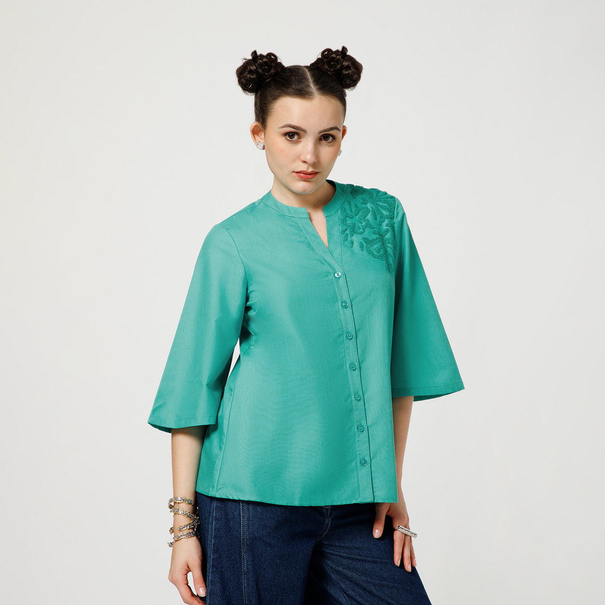 Turquoise Cotton Blend Textured Embroidery Shirt With Bell Sleeve