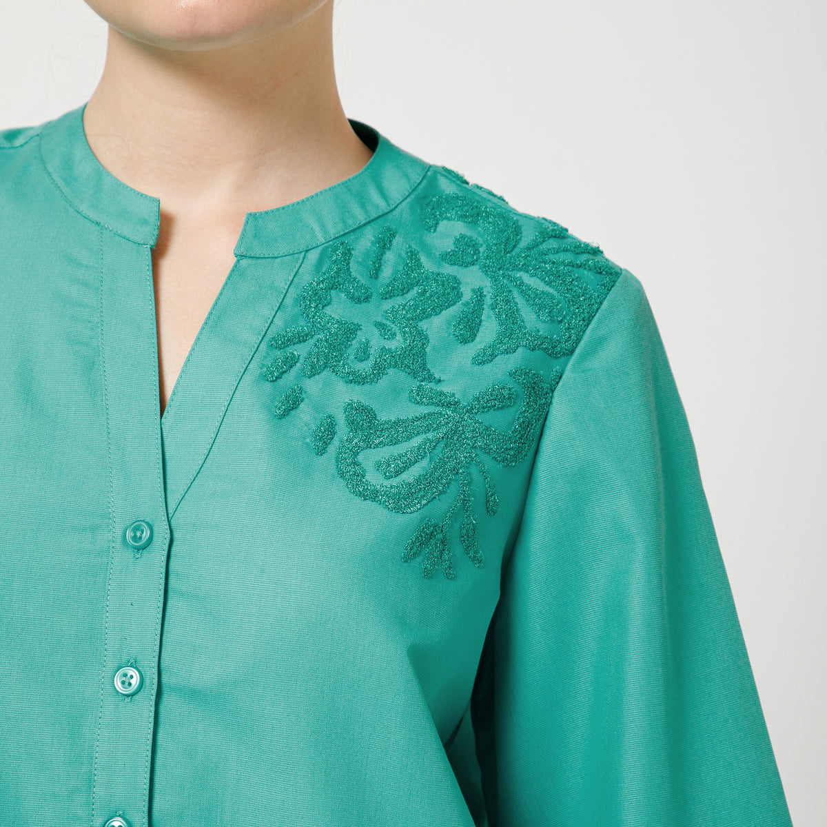 Turquoise Cotton Blend Textured Embroidery Shirt With Bell Sleeve