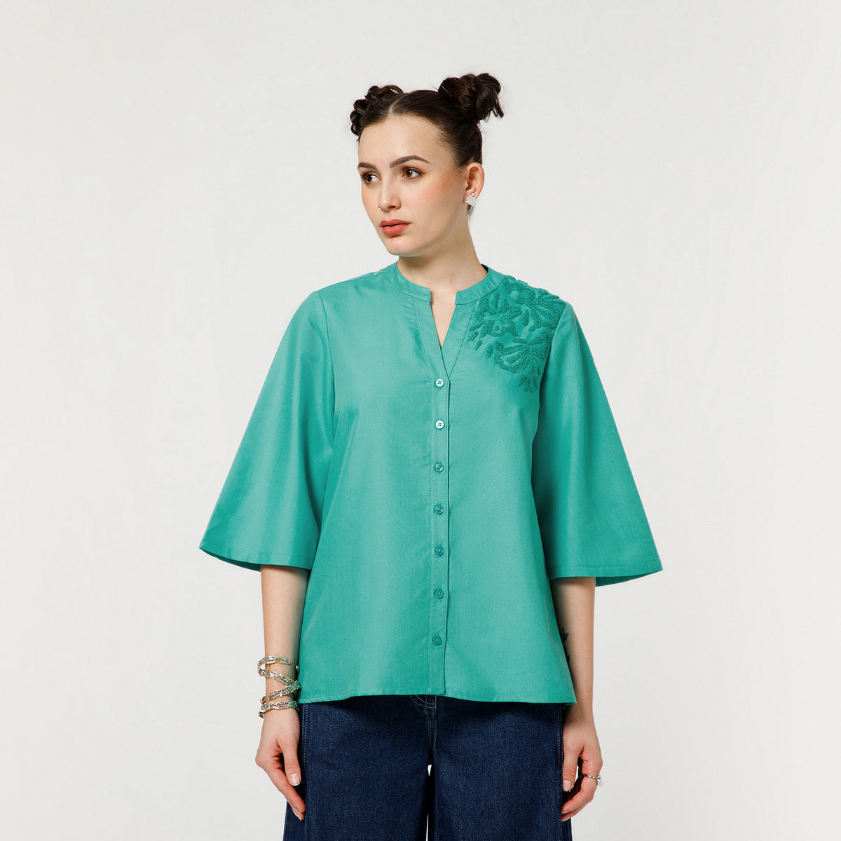 Turquoise Cotton Blend Textured Embroidery Shirt With Bell Sleeve