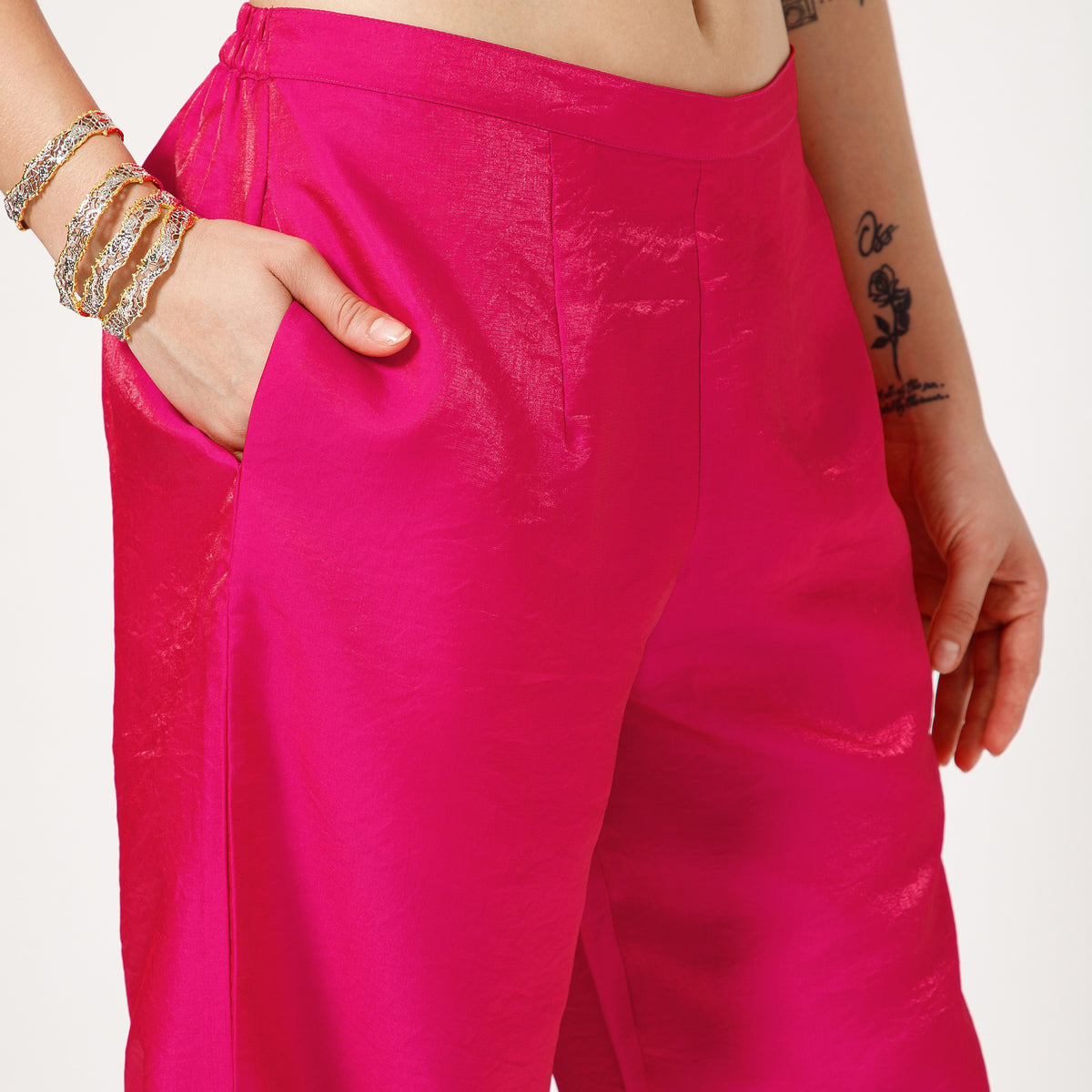 Pink Satin Pleated Plazzo