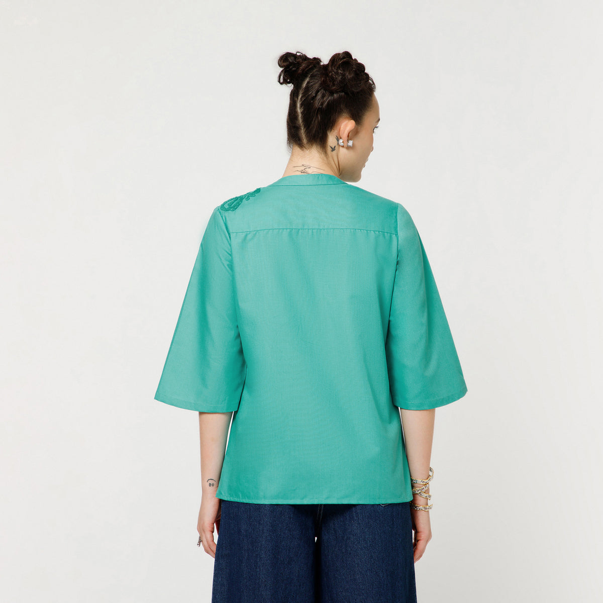 Turquoise Cotton Blend Textured Embroidery Shirt With Bell Sleeve