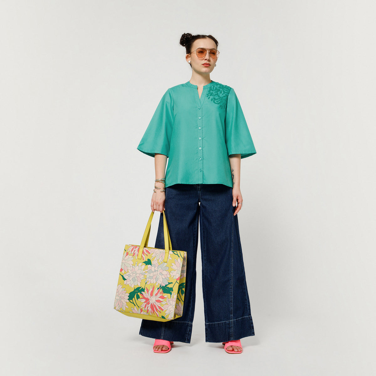 Turquoise Cotton Blend Textured Embroidery Shirt With Bell Sleeve