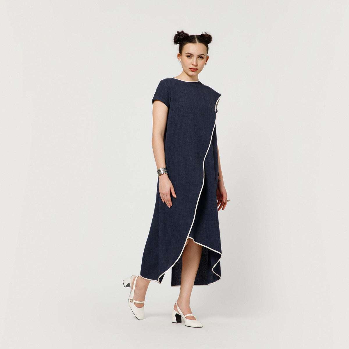 Blue Slub Linen Dress With White Piping