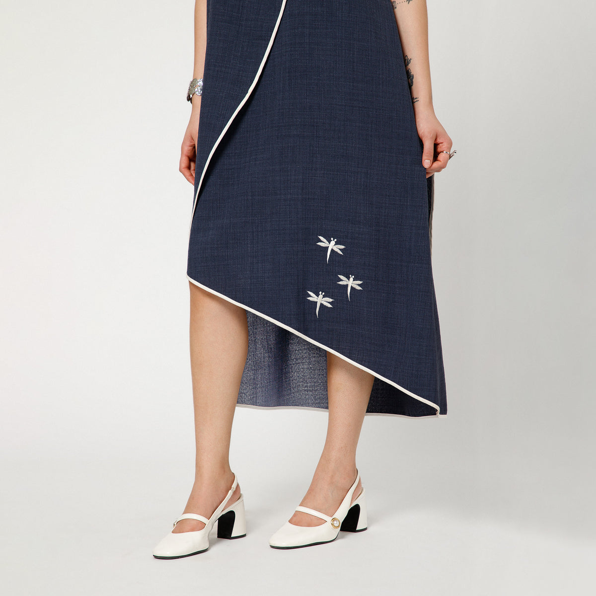 Blue Slub Linen Dress With White Piping