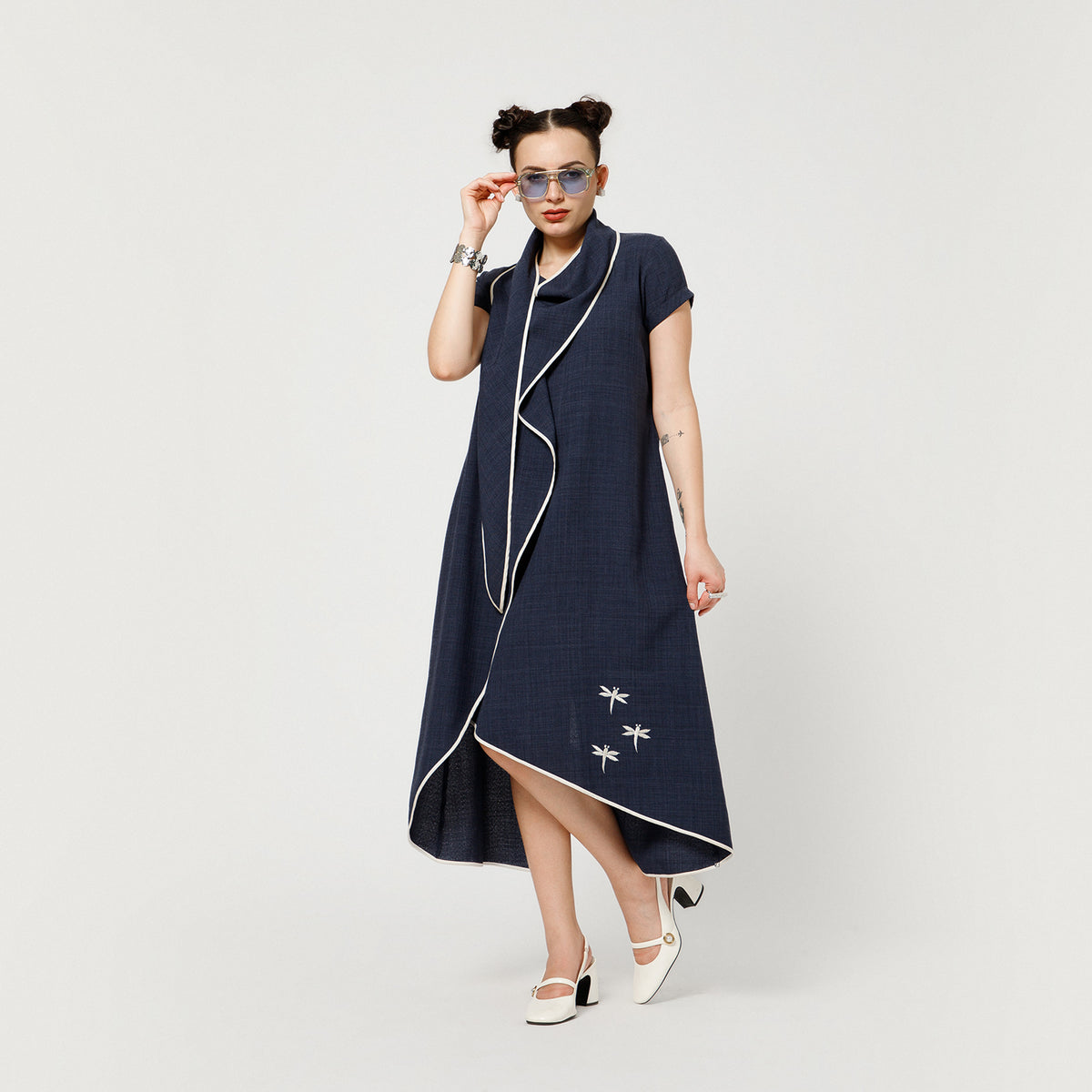 Blue Slub Linen Dress With White Piping