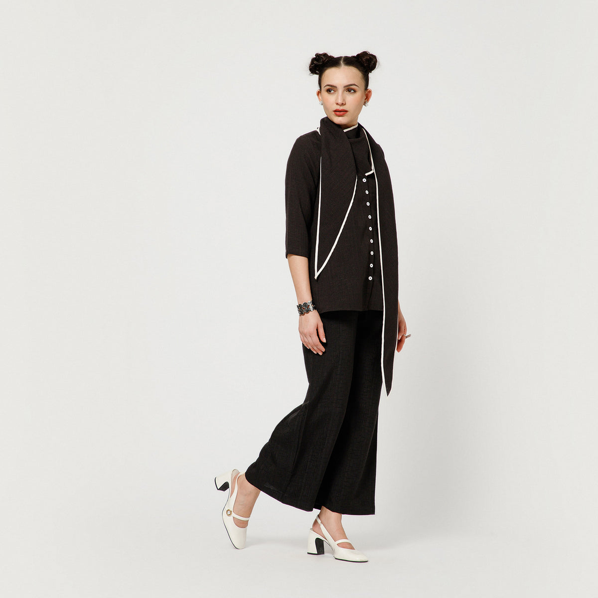 Black Slub Linen Draped Top With White Piping