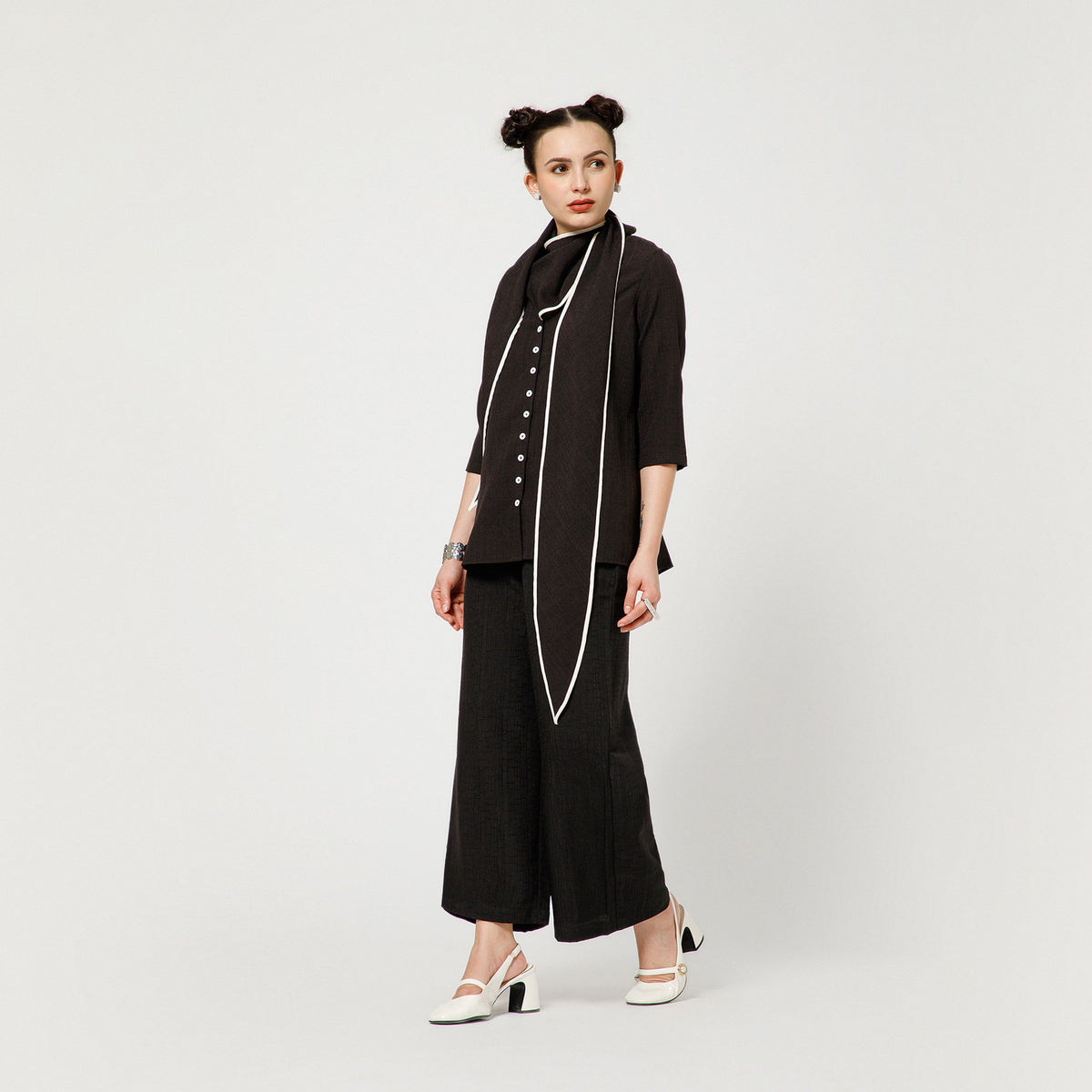 Black Slub Linen Draped Top With White Piping