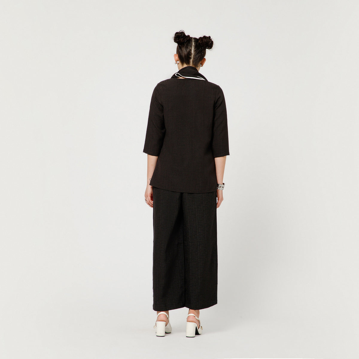 Black Slub Linen Draped Top With White Piping