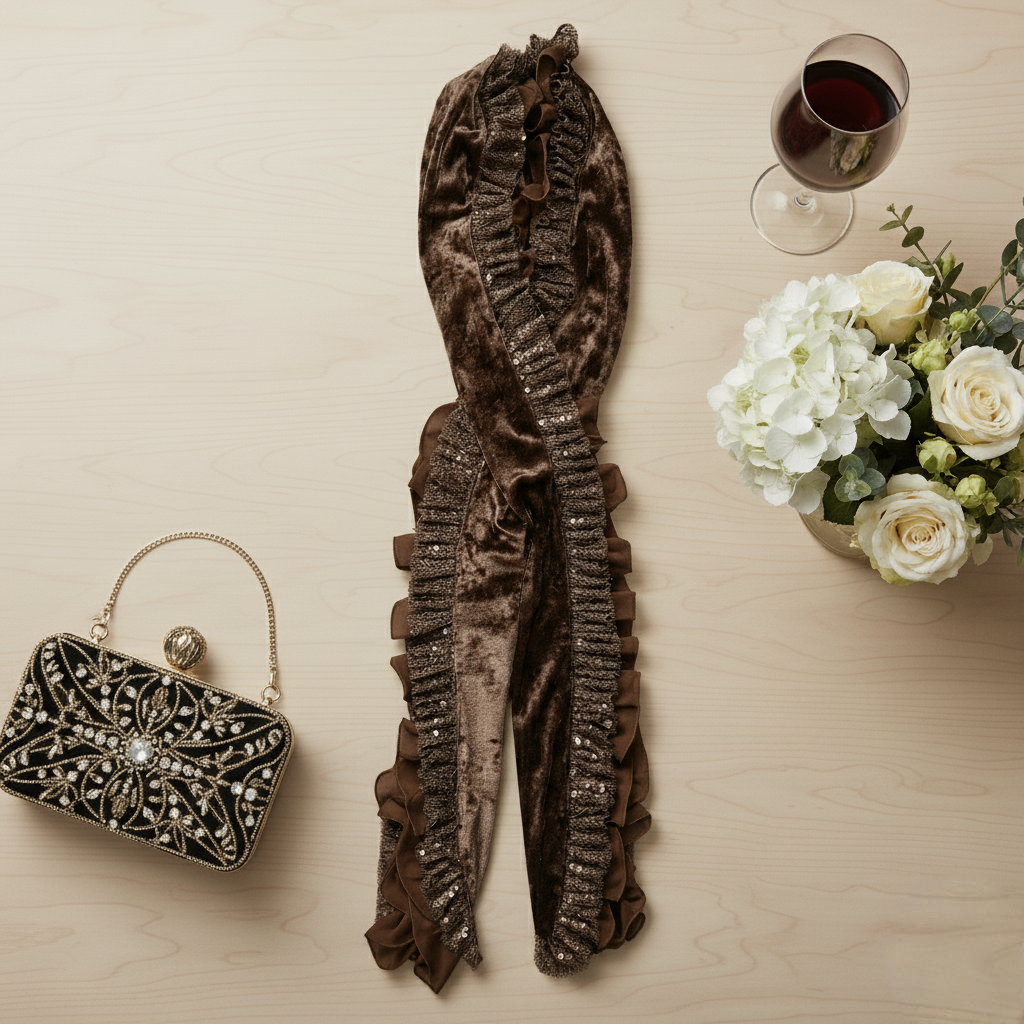 Brown Velvet Scarf With Sequence Frill
