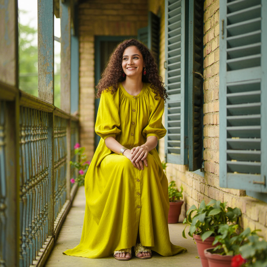 Olive Long Dress With Puff Sleeves