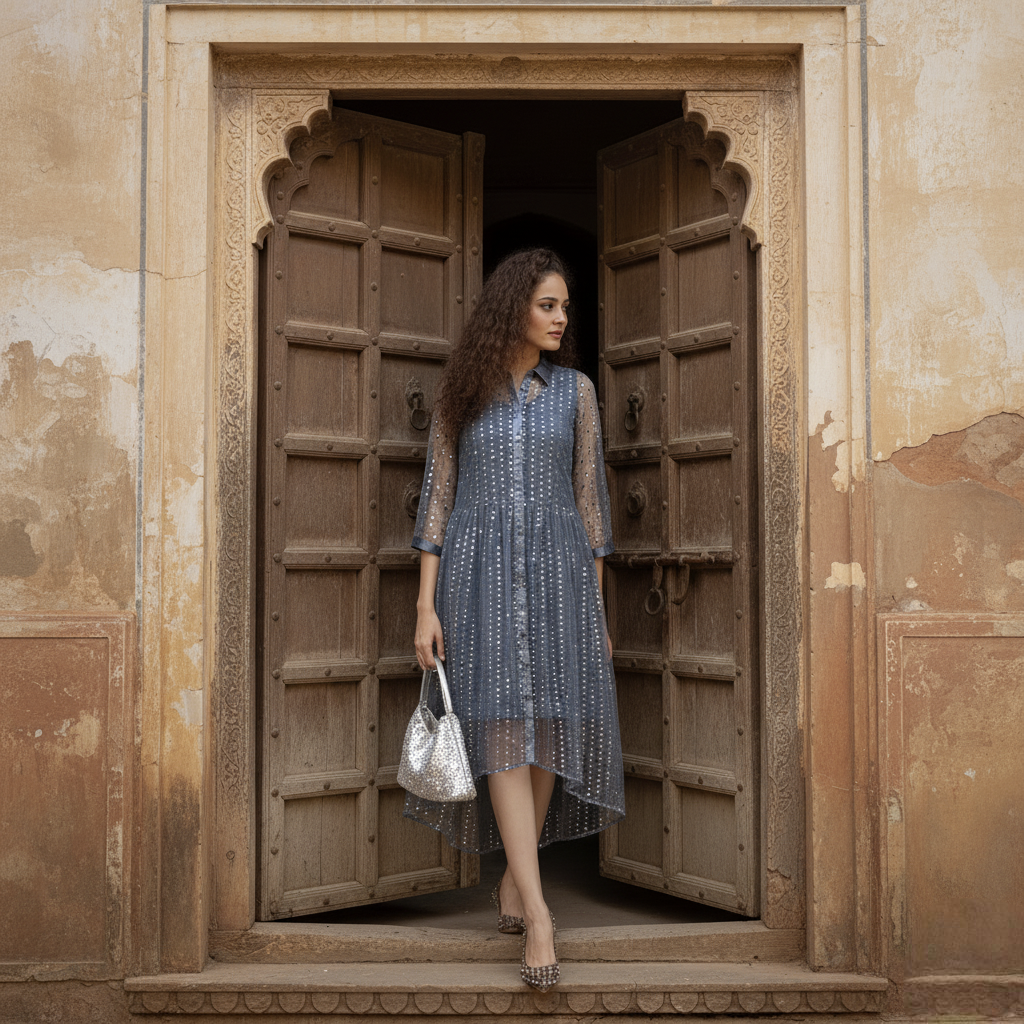 Stone Blue Tunic With Mirror Sequence