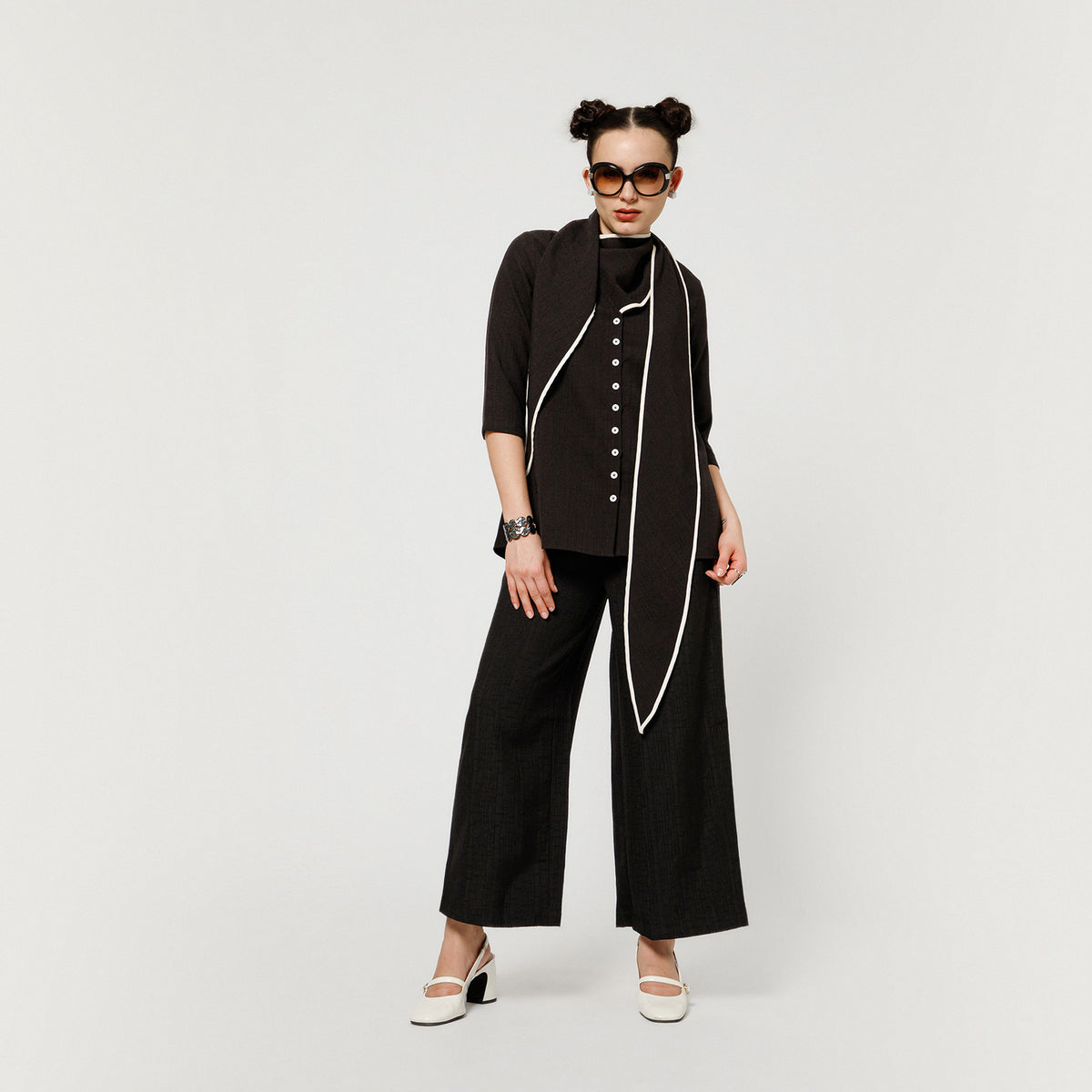 Black Slub Linen Draped Top With White Piping
