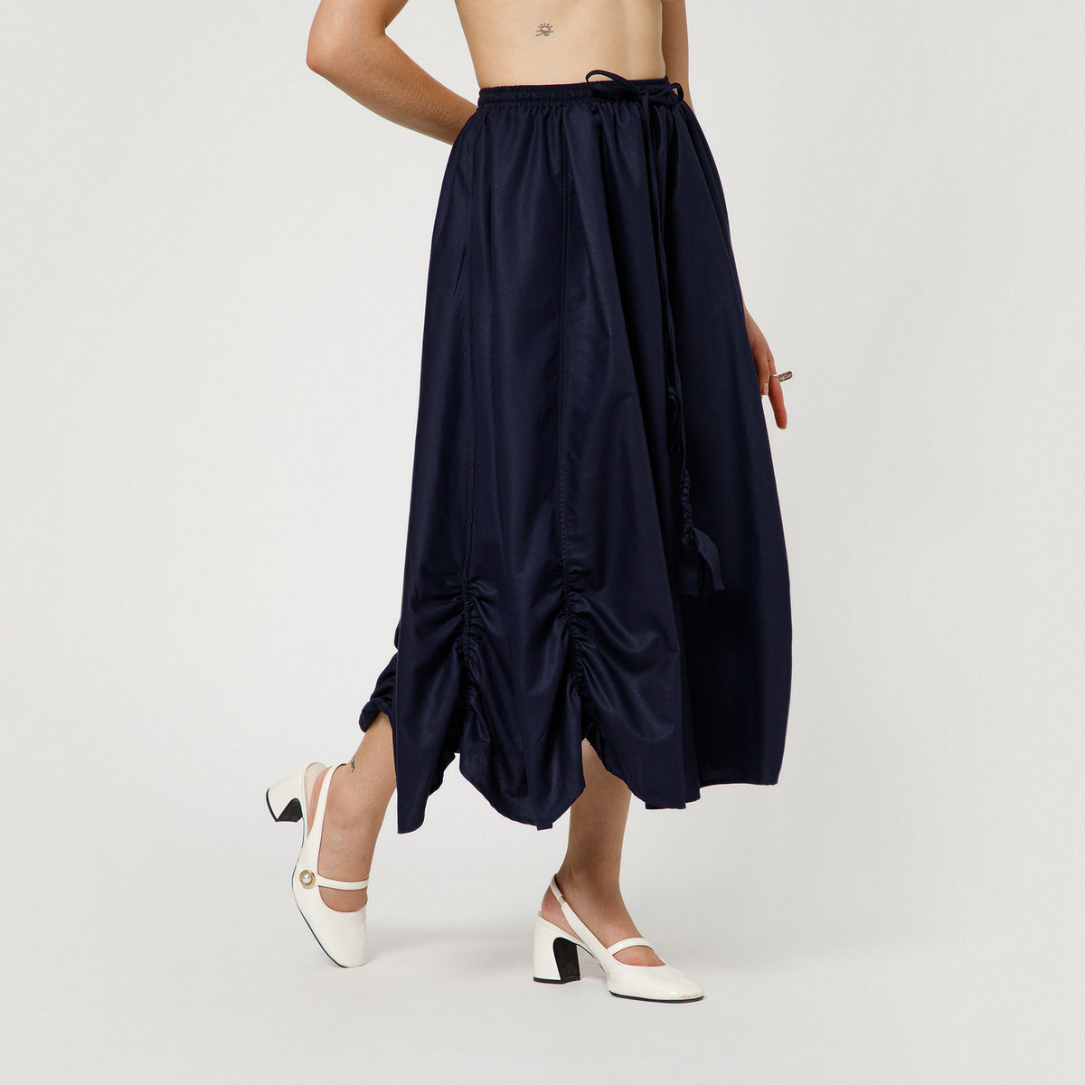 Navy Blue Cotton Skirt With Gathered Detaling