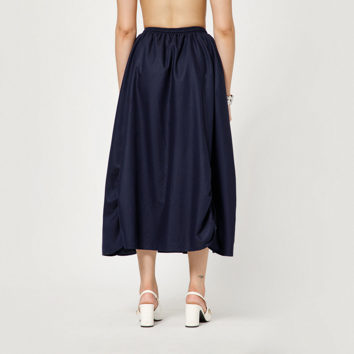 Navy Blue Cotton Skirt With Gathered Detaling