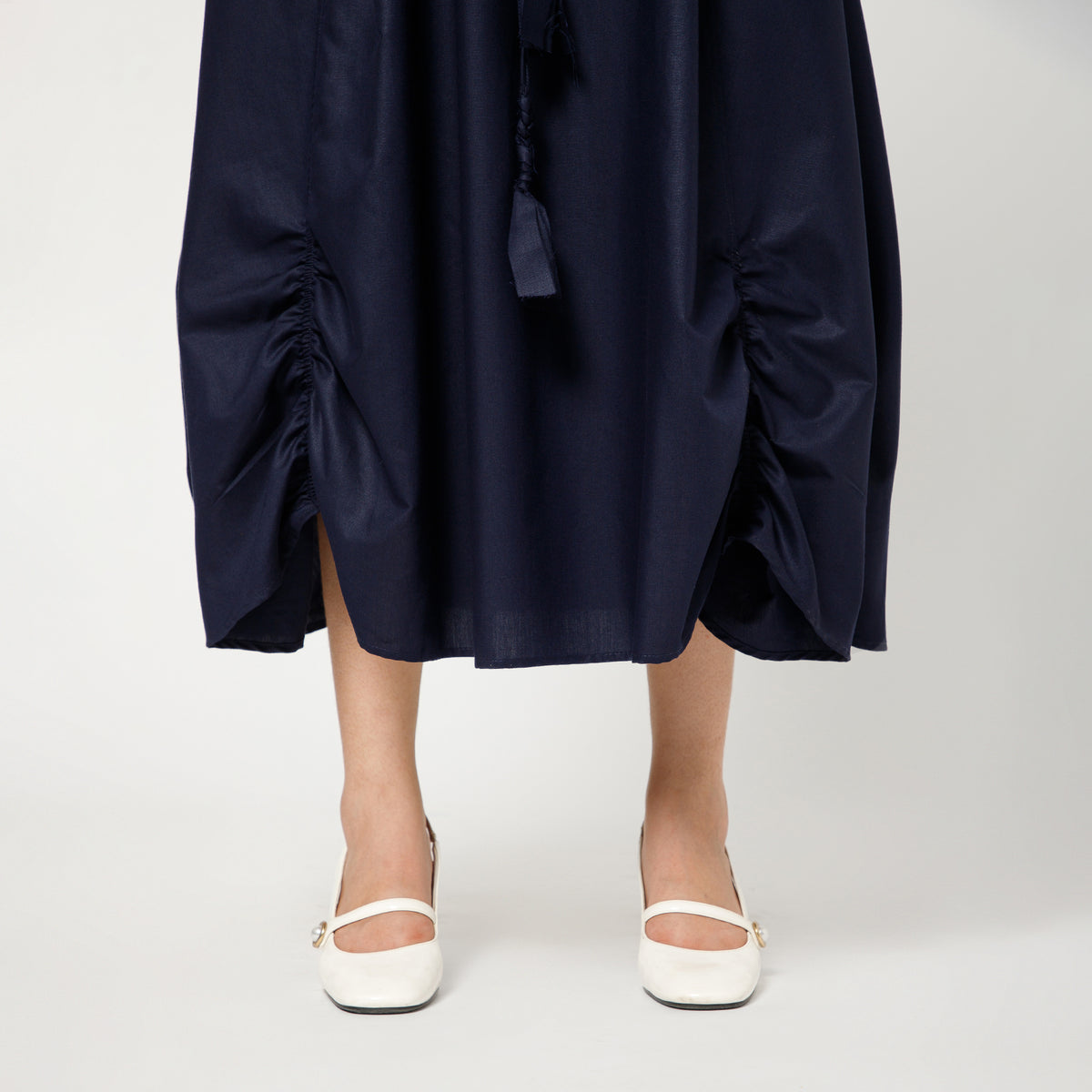 Navy Blue Cotton Skirt With Gathered Detaling